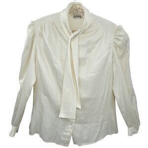 St. John Vintage Cream Jacquard High Bow Neck Long Sleeve‎ Button Up Blouse